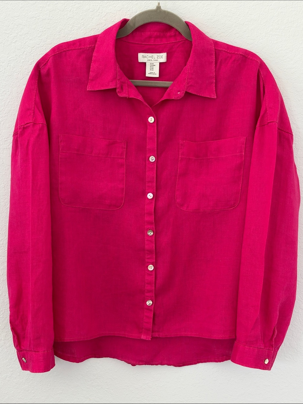 Rachel Zoe 100% Linen Shirt M Hot Pink Button Down Oversized Blouse